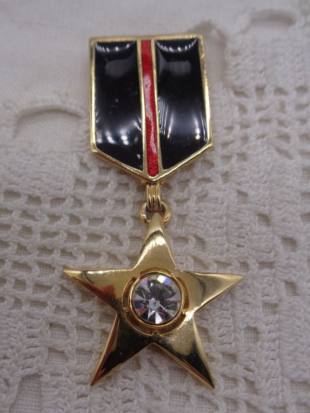 Vintage Military Award Inspired Ribbon & Star Brooch Rhinestone & Enamel